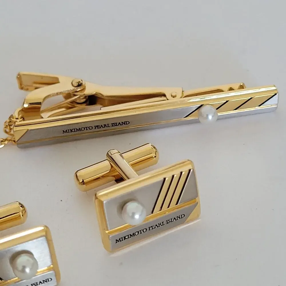 MIKIMOTO Tie Pin Bar and Cufflinks with Geniue Acoya Pearl Set Gold Silver Tone